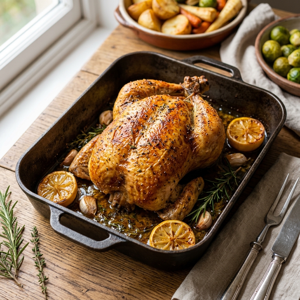 A golden roast chicken in a roasting tin surrounded by lemon halves and fresh herbs
