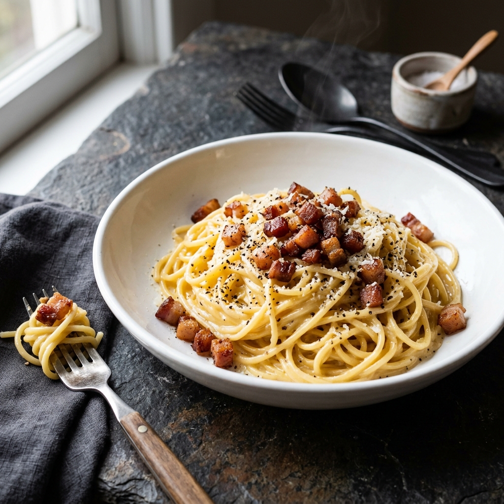 A bowl of creamy spaghetti carbonara topped with crispy guanciale and black pepper